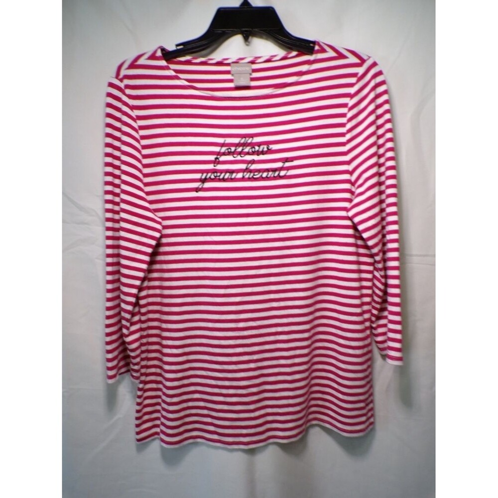 Chico's Women's Striped Graphic Knit Top Pink White 3/4 Sleeve Size 0